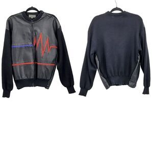 Mens Vintage 80s Leather‎ Jacket Zip MJ Heart Beat Inlay Wool Black M Streetwear